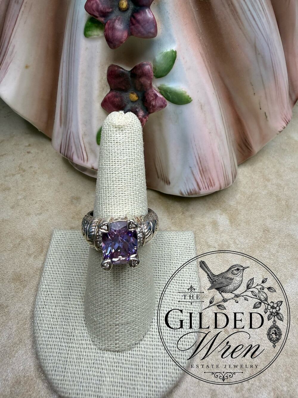 Jean Rachel Sterling Silver Lavender CZ Radiant Ring Sz 8 Fish Scale Hearts 7g
